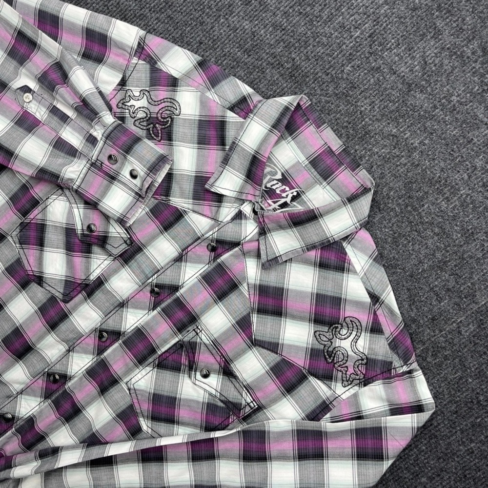 Rock 47 by Wrangler Mens Western Snap Shirt Purple Plaid Embroidery Y2K Large